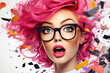 Wow effect, beautiful surprised young woman with open mouth and pink hair, colorful confetti, woman with big eyes wide open mouth, surprised woman on white background, generative ai