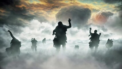 Wall Mural - zombies silhouettes fleeing a nuclear blast 4k features a.i. generated silhouettes of zombies or wal