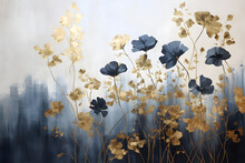 Captivating Plant Silhouettes Gold, Black, Blue, And Gray Interior Canvas Painting With Stunning Background