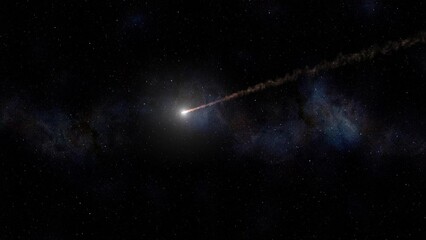 Wall Mural - meteor flying in deep space with smoke trail and stars. 3d rendering meteor asteroid, global threat 