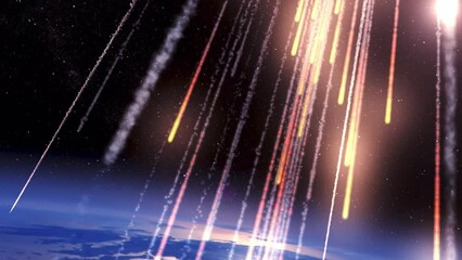 Wall Mural - meteors asteroids burning in earth atmosphere from space burning meteors falling from space to earth