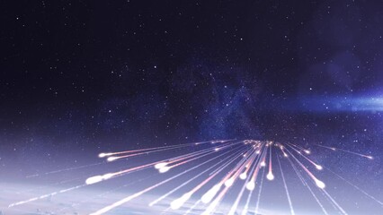 Wall Mural - meteor shower toward camera above earth burning meteors falling from space to earth in fast speed wi