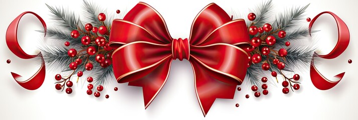 christmas background with red ribbon and bow , branch pine