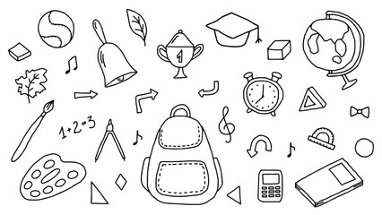 Doodle Set of school supplies. Black and white contour illustration. Vector isolated. Back to school. Student time. Training, education, gaining knowledge. Home schooling. Online learning