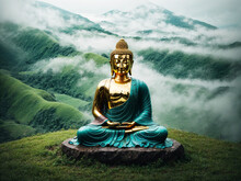 A Serene Buddha Statue Meditating Atop A Lush Green Mountain, Surrounded By A Blanket Of Mist.
