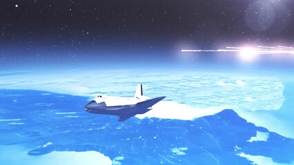 Wall Mural - space shuttle with meteor shower behind burning meteors with space shuttle orbits, global threat con