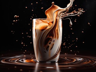 glass of coffee and milk with dynamic splashes. 