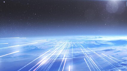 Wall Mural - massive meteor shower above planet earth clouds burning meteors falling from space to earth in fast 