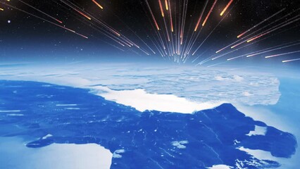 Wall Mural - meteor shower above planet earth, cinematic view burning meteors falling from space to earth in fast