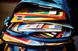 Mess, chaos from books in packed school bag, backpack