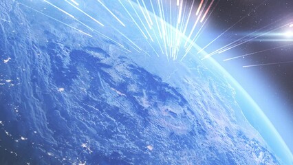 Wall Mural - planet earth bombarded by meteor shower, outer space view burning meteors falling from space to eart