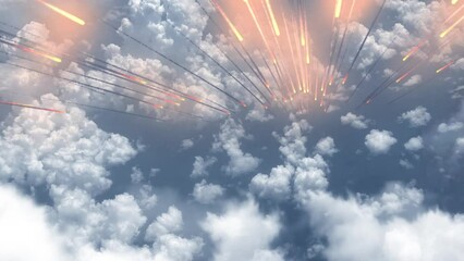 Wall Mural - burning meteors or missiles above earth clouds burning meteors falling from space to earth in fast s