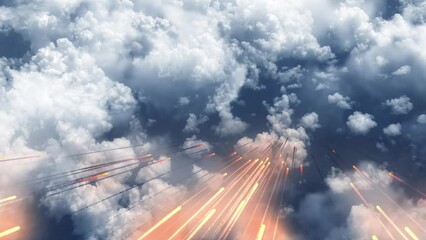 Wall Mural - burning meteors or missiles above the clouds burning meteors falling from space to earth in fast spe