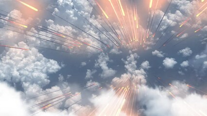 Wall Mural - hundreds of burning meteors or missiles above earth clouds burning meteors falling from space to ear