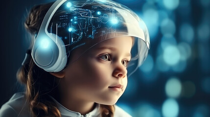 Poster - Little kid using modern technology personal information storage in head, Cyborg children.