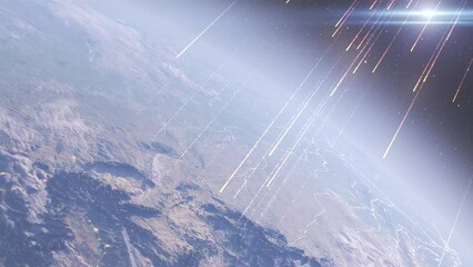 Wall Mural - meteor shower bombarding planet earth, outer space view burning meteors falling from space to earth 