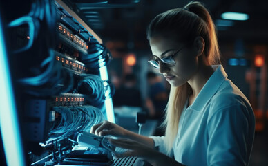 Aufkleber - Professional it women are repair computer network in control data room.