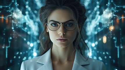 Poster - beautiful woman scanning face for entry in global network holographic effect.