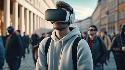 Aufkleber - Young man uses virtual reality glasses at outdoors.