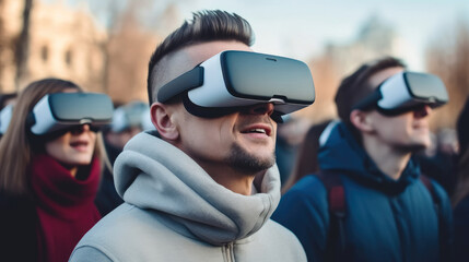 Aufkleber - Portrait of gamer man wearing VR glasses outdoors.