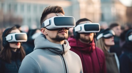 Aufkleber - Portrait of gamer man wearing VR glasses outdoors.