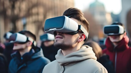 Aufkleber - Young man uses virtual reality glasses at outdoors.