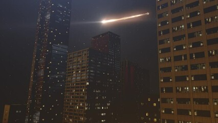 Wall Mural - glowing meteors or space junk burning behind skyscrapers. aerial view of burning glowing meteors or 