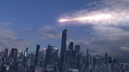Wall Mural - meteors or space junk falling above manhattan sky's aerial view of burning glowing meteors or space 