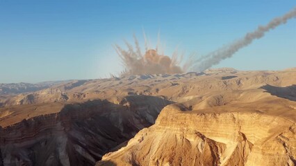 Wall Mural - asteroid impact desert mountain, aerial view drone view over massive meteor strike in the desert, 20