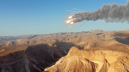 Wall Mural - large asteroid burning above desert mountain, aerial view drone view over massive meteor above deser