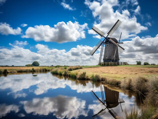 Dutch windmill with river, blue sky with clouds reflecting in water