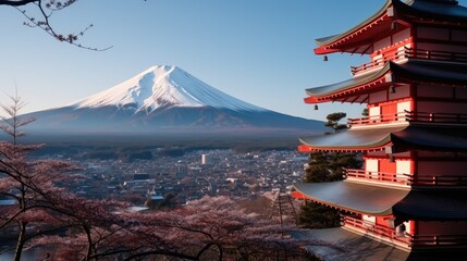 Shot of the red Chureito Pagoda in Japan, with Fujiyama mountain in the background.