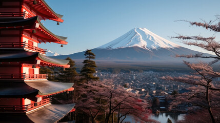 Shot of the red Chureito Pagoda in Japan, with Fujiyama mountain in the background.