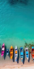 Colorful boats on a tropical beach. View from above.