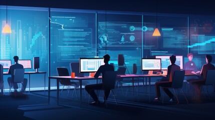 A scene showcasing a team of software developers coding, collaborating, and testing applications in a modern development environment	
