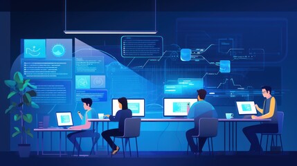 A scene showcasing a team of software developers coding, collaborating, and testing applications in a modern development environment	
