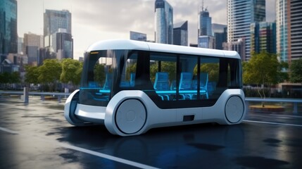 Wall Mural - Autonomous electric bus self driving on street at modern city, Smart vehicle technology concept.