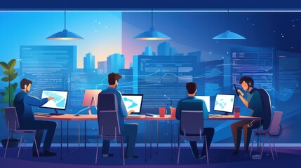 A scene showcasing a team of software developers coding, collaborating, and testing applications in a modern development environment	
