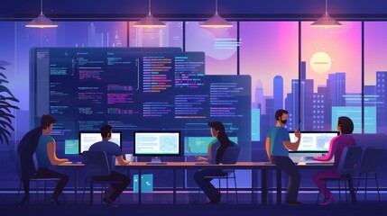 A scene showcasing a team of software developers coding, collaborating, and testing applications in a modern development environment	

