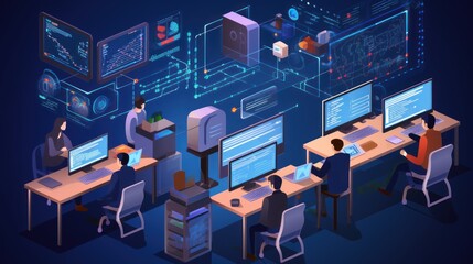 A scene showcasing a team of software developers coding, collaborating, and testing applications in a modern development environment	
