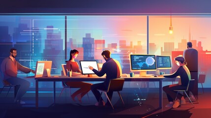 A scene showcasing a team of software developers coding, collaborating, and testing applications in a modern development environment	
