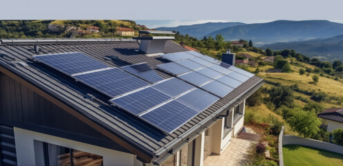 Aufkleber - High angle shot of house situated in a valley with solar panels on the roof.
