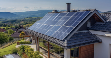 Aufkleber - High angle shot of house situated in a valley with solar panels on the roof.