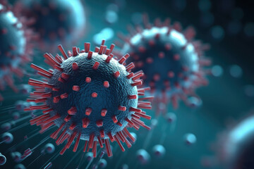 Poster - Closeup of viral particle and microscopic view of floating while experimenting for immunity against diseases on abstract background