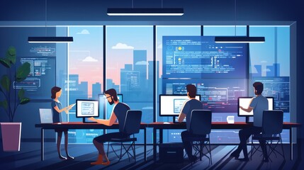 A scene showcasing a team of software developers coding, collaborating, and testing applications in a modern development environment