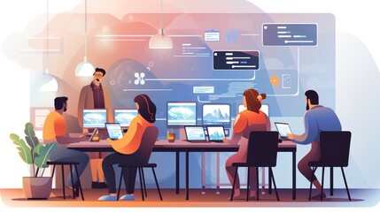 A scene showcasing a team of software developers coding, collaborating, and testing applications in a modern development environment