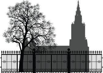 Wall Mural - fence in front of church and black tree