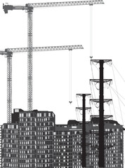 Wall Mural - cityscape with black house buildings and cranes on white