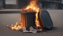 A dumpster with an open lid stands in the middle of burning garbage on a city street