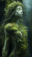 Guardian Of Nature. Statue Of A Woman Covered In Green Moss, Plants And Roots In The Wood - Nymph, Dryad, Fairy, Mystical Myth And Legend, Spirit Of The Forest.